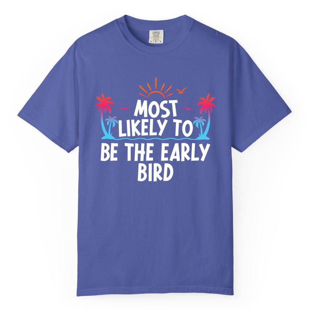 Early Bird Beach Shirt - Tropical Sunrise Palm Tree Vacation Tee (Comfort Color) in Periwinkle - Early Bird Tropical Sunrise Shirt - Palm Trees Birds Beach Tee