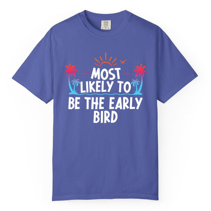 Early Bird Beach Shirt - Tropical Sunrise Palm Tree Vacation Tee (Comfort Color) in Periwinkle - Early Bird Tropical Sunrise Shirt - Palm Trees Birds Beach Tee