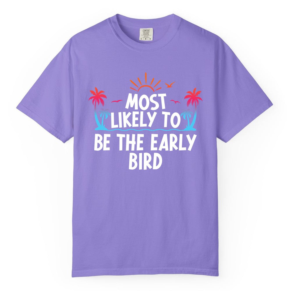 Early Bird Beach Shirt - Tropical Sunrise Palm Tree Vacation Tee (Comfort Color) in Violet - Early Bird Tropical Sunrise Shirt - Palm Trees Birds Beach Tee