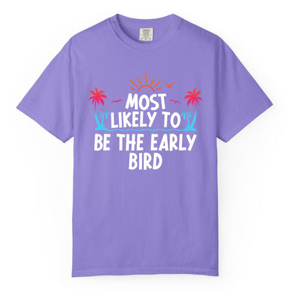 Early Bird Beach Shirt - Tropical Sunrise Palm Tree Vacation Tee (Comfort Color) in Violet - Early Bird Tropical Sunrise Shirt - Palm Trees Birds Beach Tee