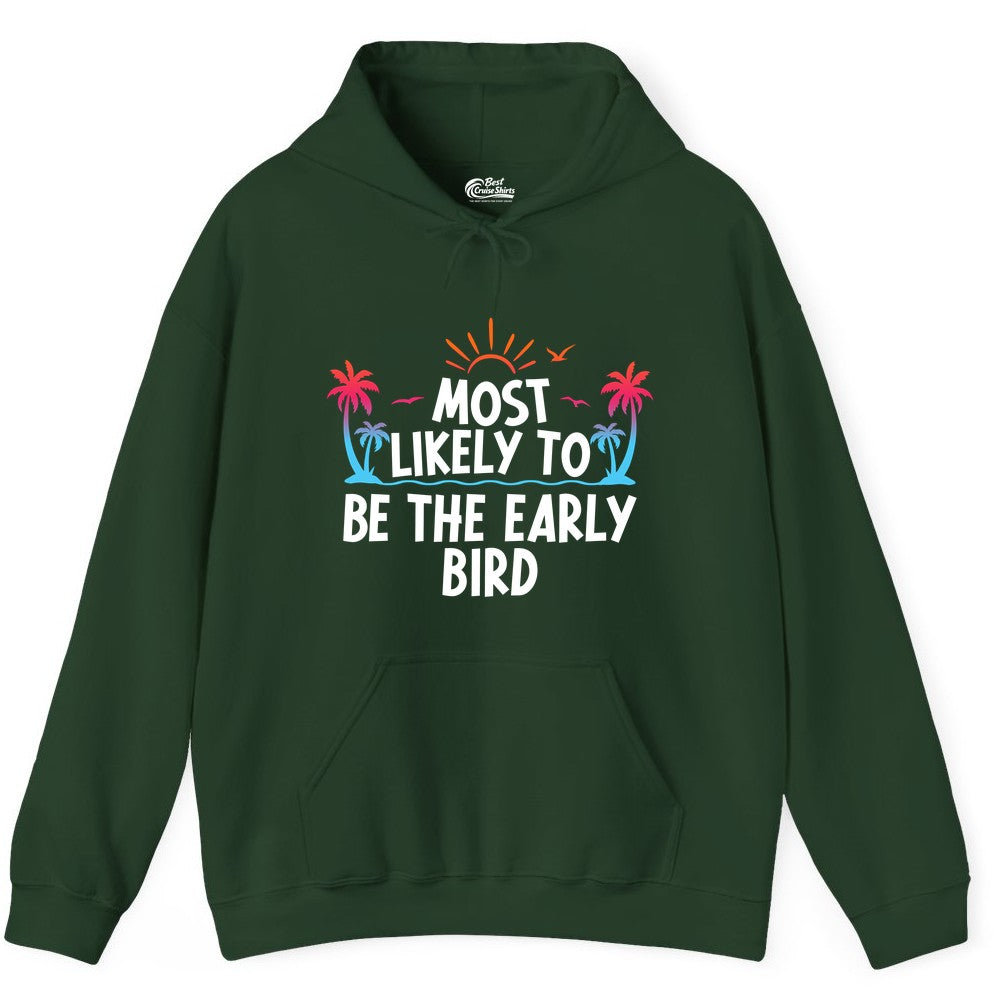 Early Bird Beach Shirt - Tropical Sunrise Palm Tree Vacation Tee (Hoodie) in Forest Green - Early Bird Tropical Sunrise Shirt - Palm Trees Birds Beach Tee