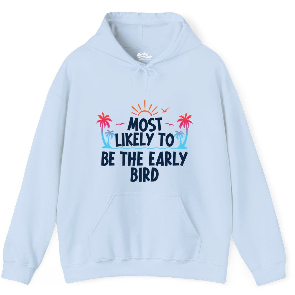 Early Bird Beach Shirt - Tropical Sunrise Palm Tree Vacation Tee (Hoodie) in Light Blue - Early Bird Tropical Sunrise Shirt - Palm Trees Birds Beach Tee