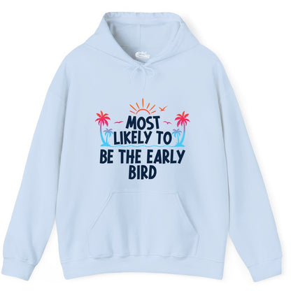 Early Bird Beach Shirt - Tropical Sunrise Palm Tree Vacation Tee (Hoodie) in Light Blue - Early Bird Tropical Sunrise Shirt - Palm Trees Birds Beach Tee