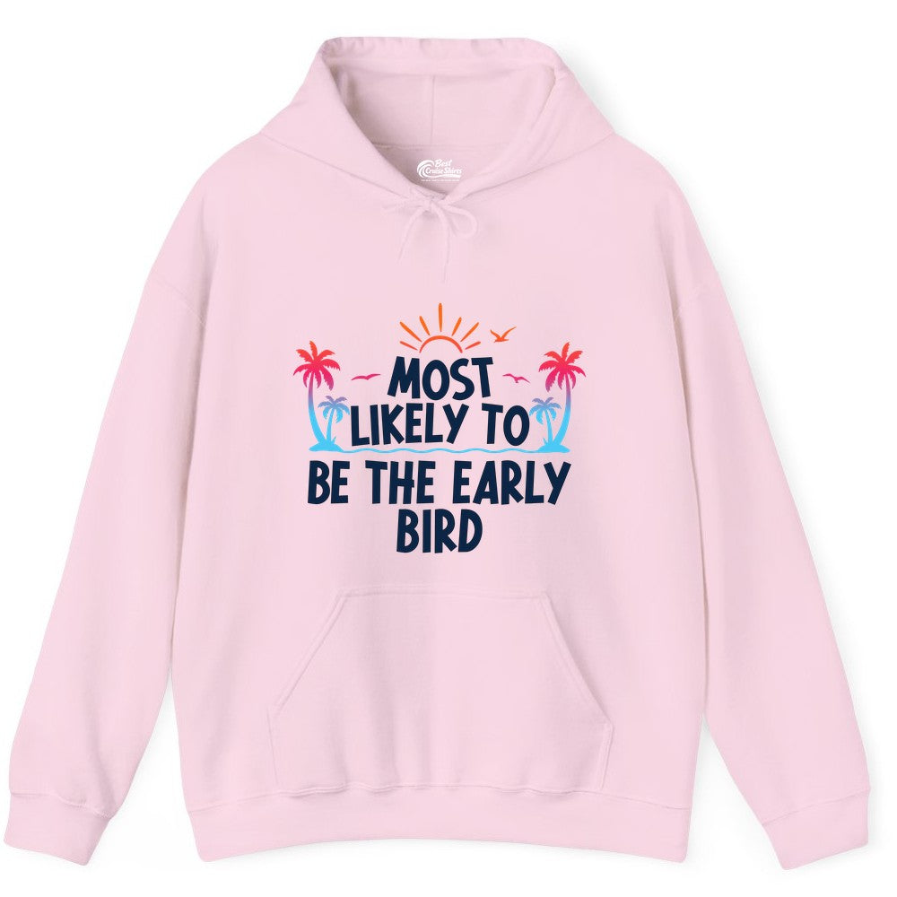 Early Bird Beach Shirt - Tropical Sunrise Palm Tree Vacation Tee (Hoodie) in Light Pink - Early Bird Tropical Sunrise Shirt - Palm Trees Birds Beach Tee