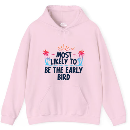 Early Bird Beach Shirt - Tropical Sunrise Palm Tree Vacation Tee (Hoodie) in Light Pink - Early Bird Tropical Sunrise Shirt - Palm Trees Birds Beach Tee