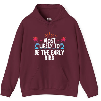 Early Bird Beach Shirt - Tropical Sunrise Palm Tree Vacation Tee (Hoodie) in Maroon - Early Bird Tropical Sunrise Shirt - Palm Trees Birds Beach Tee