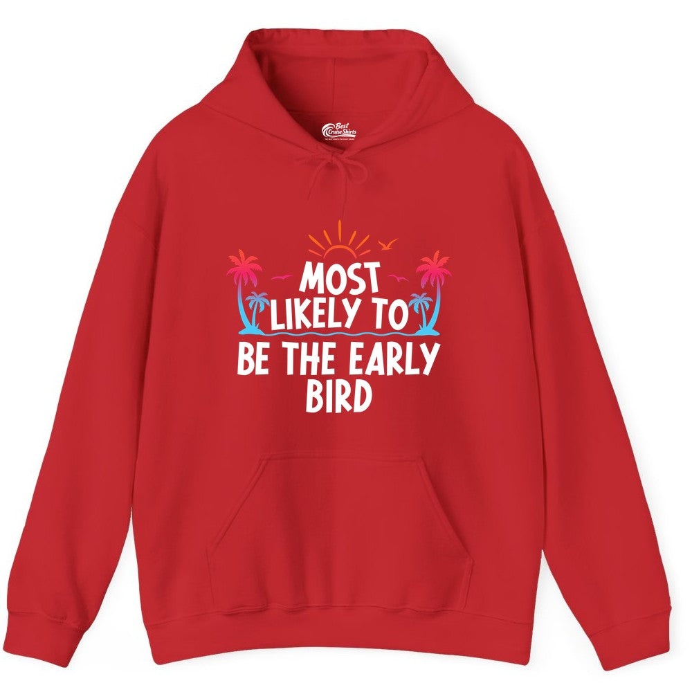 Early Bird Beach Shirt - Tropical Sunrise Palm Tree Vacation Tee (Hoodie) in Red - Early Bird Tropical Sunrise Shirt - Palm Trees Birds Beach Tee