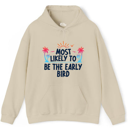 Early Bird Beach Shirt - Tropical Sunrise Palm Tree Vacation Tee (Hoodie) in Sand - Early Bird Tropical Sunrise Shirt - Palm Trees Birds Beach Tee