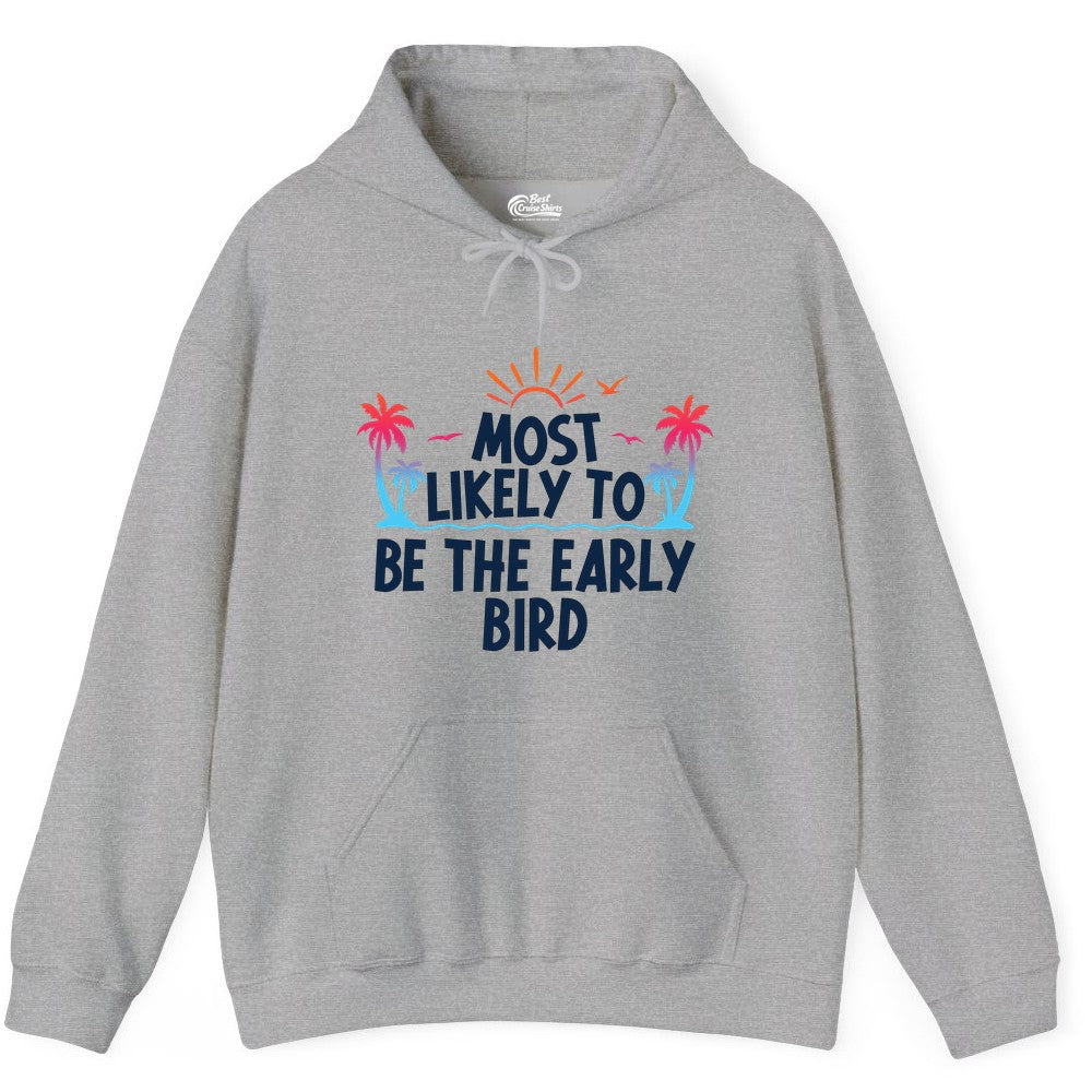 Early Bird Beach Shirt - Tropical Sunrise Palm Tree Vacation Tee (Hoodie) in Sport Grey - Early Bird Tropical Sunrise Shirt - Palm Trees Birds Beach Tee
