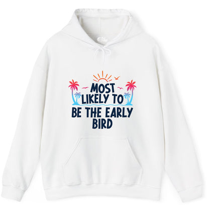 Early Bird Beach Shirt - Tropical Sunrise Palm Tree Vacation Tee (Hoodie) in White - Early Bird Tropical Sunrise Shirt - Palm Trees Birds Beach Tee