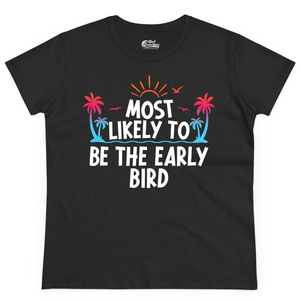 Early Bird Beach Shirt - Tropical Sunrise Palm Tree Vacation Tee (Ladies Tee) in Black - Early Bird Tropical Sunrise Shirt - Palm Trees Birds Beach Tee
