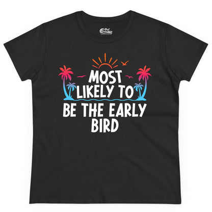 Early Bird Beach Shirt - Tropical Sunrise Palm Tree Vacation Tee (Ladies Tee) in Black - Early Bird Tropical Sunrise Shirt - Palm Trees Birds Beach Tee