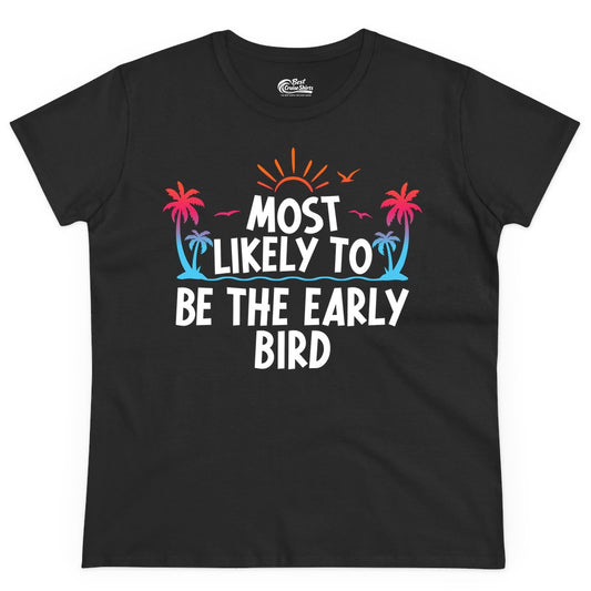 Early Bird Beach Shirt - Tropical Sunrise Palm Tree Vacation Tee (Ladies Tee) in Black - Early Bird Tropical Sunrise Shirt - Palm Trees Birds Beach Tee