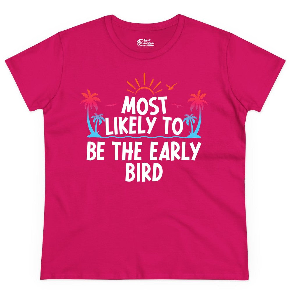 Early Bird Beach Shirt - Tropical Sunrise Palm Tree Vacation Tee (Ladies Tee) in Heliconia - Early Bird Tropical Sunrise Shirt - Palm Trees Birds Beach Tee