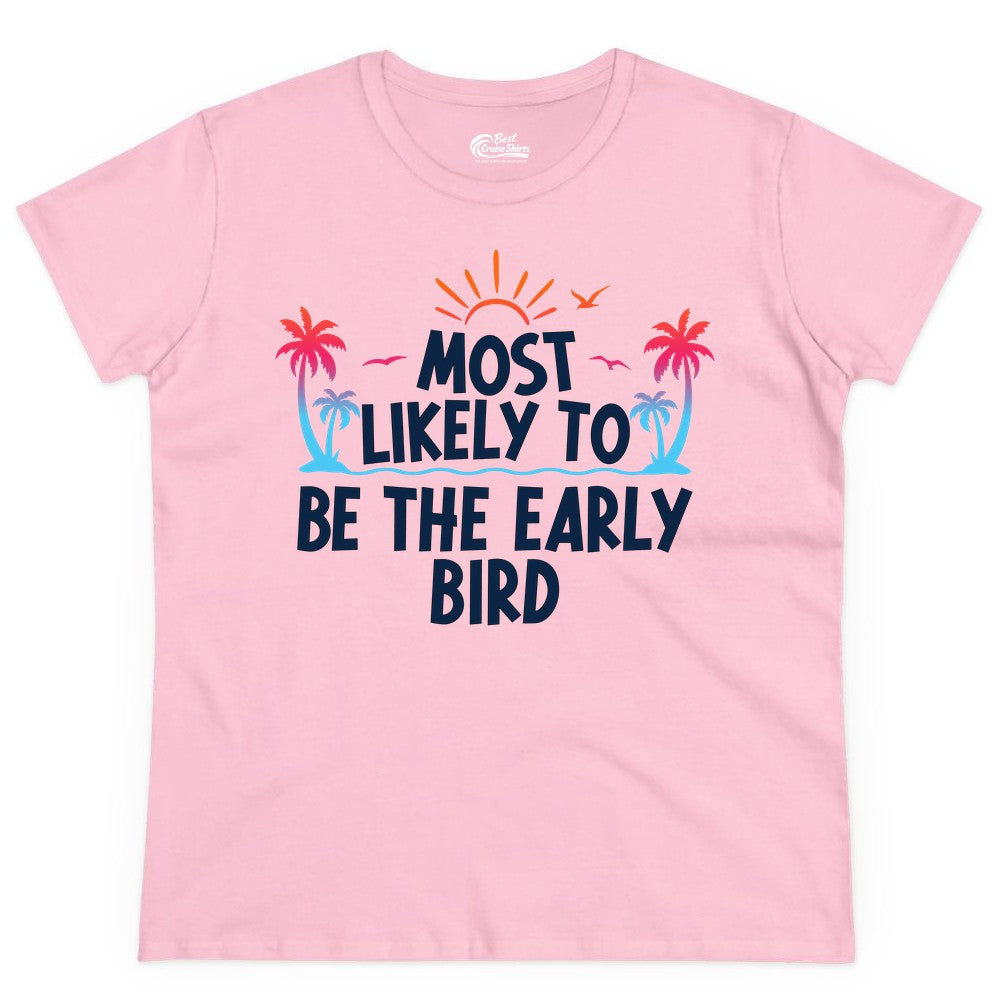 Early Bird Beach Shirt - Tropical Sunrise Palm Tree Vacation Tee (Ladies Tee) in Light Pink - Early Bird Tropical Sunrise Shirt - Palm Trees Birds Beach Tee