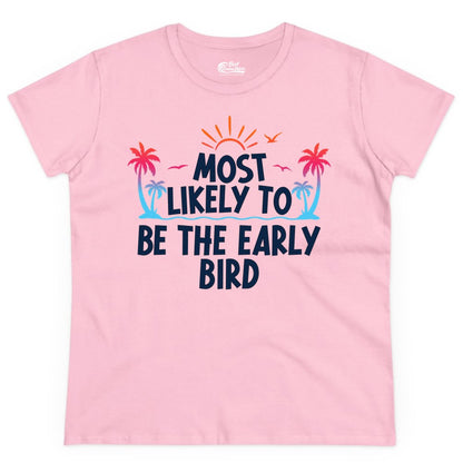 Early Bird Beach Shirt - Tropical Sunrise Palm Tree Vacation Tee (Ladies Tee) in Light Pink - Early Bird Tropical Sunrise Shirt - Palm Trees Birds Beach Tee