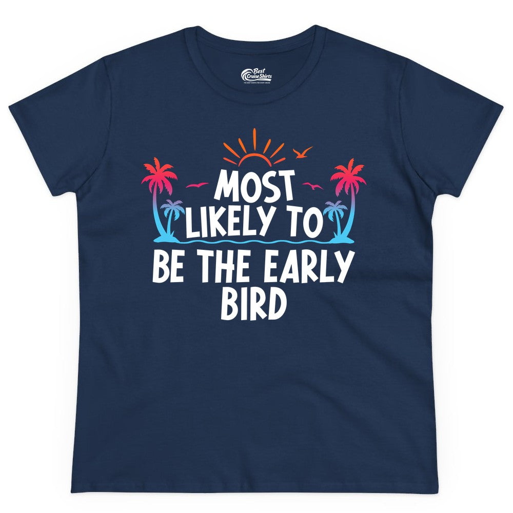 Early Bird Beach Shirt - Tropical Sunrise Palm Tree Vacation Tee (Ladies Tee) in Navy - Early Bird Tropical Sunrise Shirt - Palm Trees Birds Beach Tee
