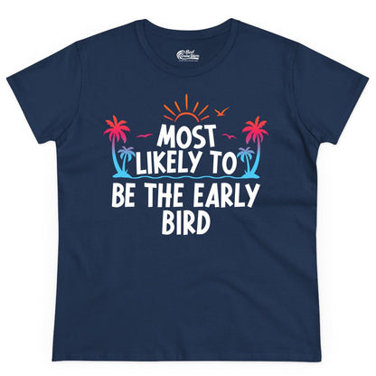 Early Bird Beach Shirt - Tropical Sunrise Palm Tree Vacation Tee (Ladies Tee) in Navy - Early Bird Tropical Sunrise Shirt - Palm Trees Birds Beach Tee