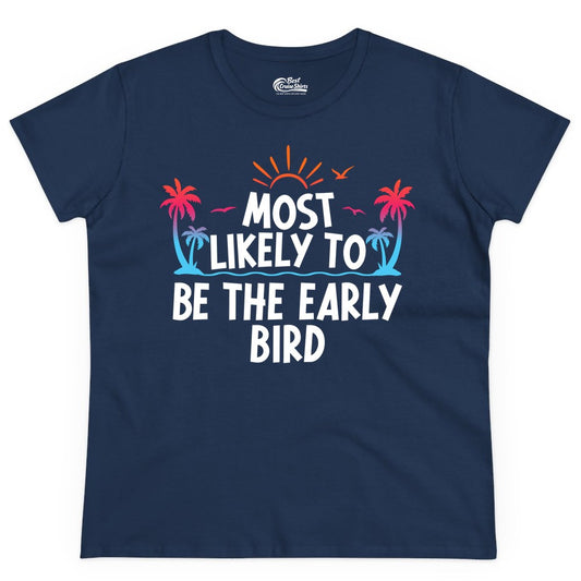 Early Bird Beach Shirt - Tropical Sunrise Palm Tree Vacation Tee (Ladies Tee) in Navy - Early Bird Tropical Sunrise Shirt - Palm Trees Birds Beach Tee