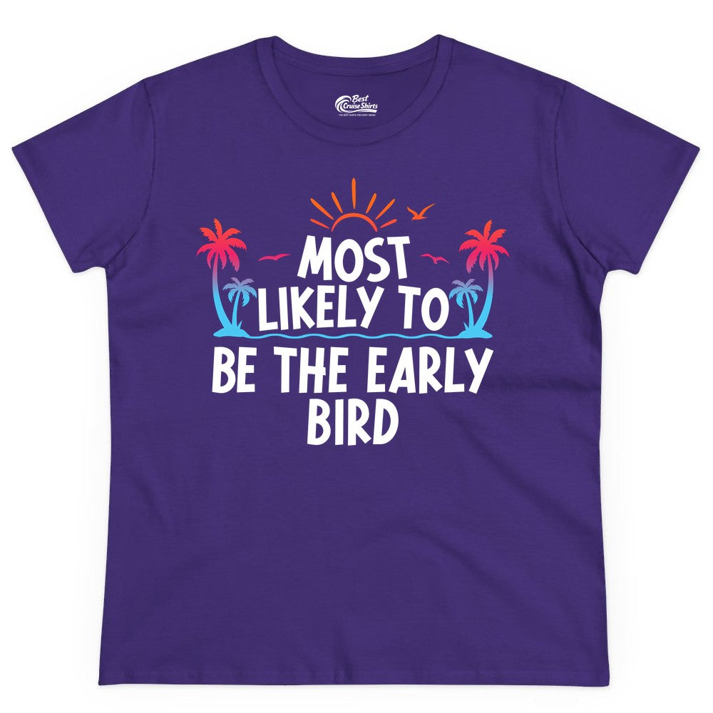 Early Bird Beach Shirt - Tropical Sunrise Palm Tree Vacation Tee (Ladies Tee) in Purple - Early Bird Tropical Sunrise Shirt - Palm Trees Birds Beach Tee