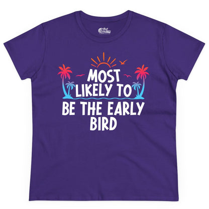 Early Bird Beach Shirt - Tropical Sunrise Palm Tree Vacation Tee (Ladies Tee) in Purple - Early Bird Tropical Sunrise Shirt - Palm Trees Birds Beach Tee