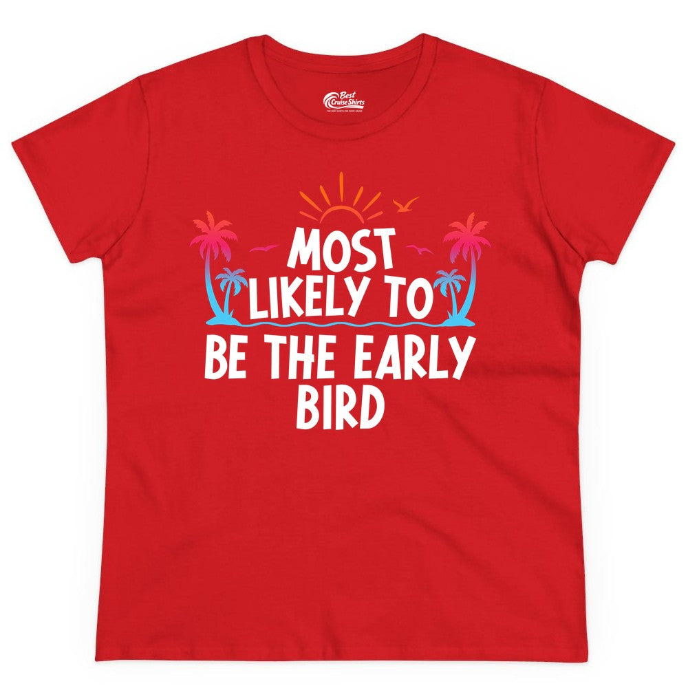 Early Bird Beach Shirt - Tropical Sunrise Palm Tree Vacation Tee (Ladies Tee) in Red - Early Bird Tropical Sunrise Shirt - Palm Trees Birds Beach Tee