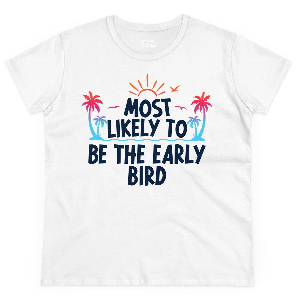 Early Bird Beach Shirt - Tropical Sunrise Palm Tree Vacation Tee (Ladies Tee) in White - Early Bird Tropical Sunrise Shirt - Palm Trees Birds Beach Tee
