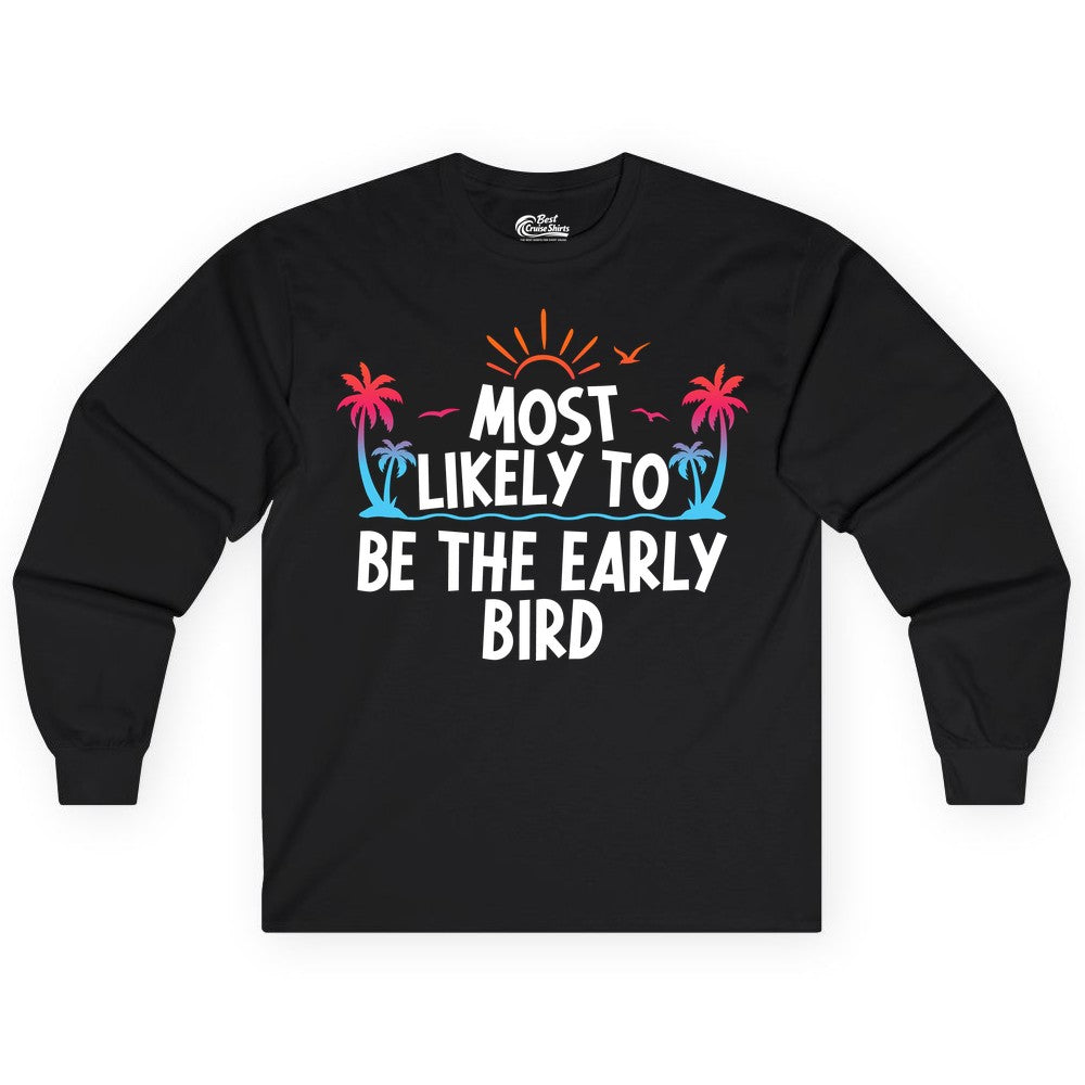 Early Bird Beach Shirt - Tropical Sunrise Palm Tree Vacation Tee (Long Sleeve) in Black - Early Bird Tropical Sunrise Shirt - Palm Trees Birds Beach Tee