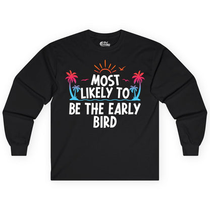 Early Bird Beach Shirt - Tropical Sunrise Palm Tree Vacation Tee (Long Sleeve) in Black - Early Bird Tropical Sunrise Shirt - Palm Trees Birds Beach Tee