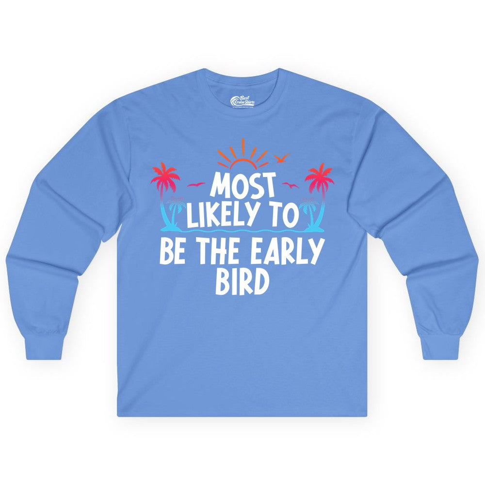 Early Bird Beach Shirt - Tropical Sunrise Palm Tree Vacation Tee (Long Sleeve) in Carolina Blue - Early Bird Tropical Sunrise Shirt - Palm Trees Birds Beach Tee
