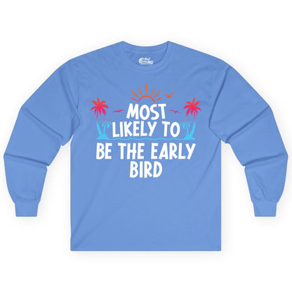 Early Bird Beach Shirt - Tropical Sunrise Palm Tree Vacation Tee (Long Sleeve) in Carolina Blue - Early Bird Tropical Sunrise Shirt - Palm Trees Birds Beach Tee