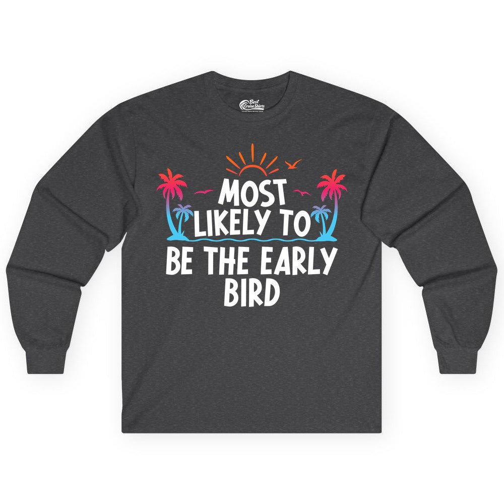 Early Bird Beach Shirt - Tropical Sunrise Palm Tree Vacation Tee (Long Sleeve) in Dark Heather - Early Bird Tropical Sunrise Shirt - Palm Trees Birds Beach Tee
