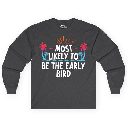 Early Bird Beach Shirt - Tropical Sunrise Palm Tree Vacation Tee (Long Sleeve) in Dark Heather - Early Bird Tropical Sunrise Shirt - Palm Trees Birds Beach Tee
