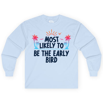 Early Bird Beach Shirt - Tropical Sunrise Palm Tree Vacation Tee (Long Sleeve) in Light Blue - Early Bird Tropical Sunrise Shirt - Palm Trees Birds Beach Tee