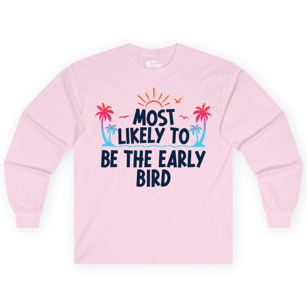 Early Bird Beach Shirt - Tropical Sunrise Palm Tree Vacation Tee (Long Sleeve) in Light Pink - Early Bird Tropical Sunrise Shirt - Palm Trees Birds Beach Tee
