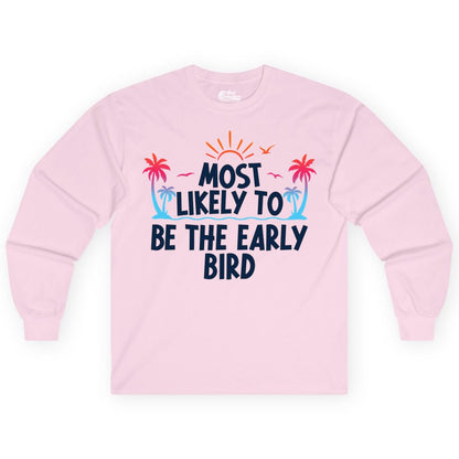 Early Bird Beach Shirt - Tropical Sunrise Palm Tree Vacation Tee (Long Sleeve) in Light Pink - Early Bird Tropical Sunrise Shirt - Palm Trees Birds Beach Tee