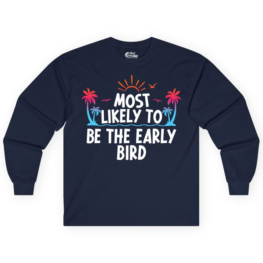 Early Bird Beach Shirt - Tropical Sunrise Palm Tree Vacation Tee (Long Sleeve) in Navy - Early Bird Tropical Sunrise Shirt - Palm Trees Birds Beach Tee