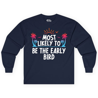 Early Bird Beach Shirt - Tropical Sunrise Palm Tree Vacation Tee (Long Sleeve) in Navy - Early Bird Tropical Sunrise Shirt - Palm Trees Birds Beach Tee