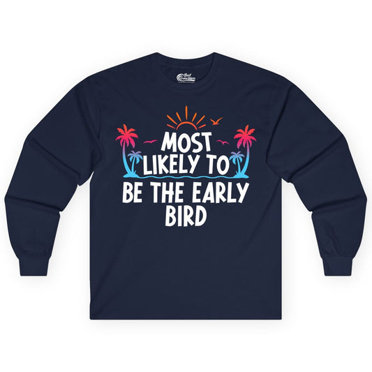 Early Bird Beach Shirt - Tropical Sunrise Palm Tree Vacation Tee (Long Sleeve) in Navy - Early Bird Tropical Sunrise Shirt - Palm Trees Birds Beach Tee