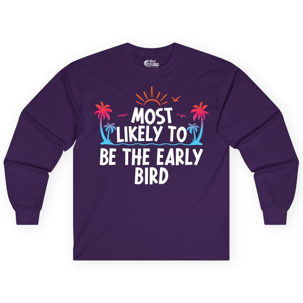 Early Bird Beach Shirt - Tropical Sunrise Palm Tree Vacation Tee (Long Sleeve) in Purple - Early Bird Tropical Sunrise Shirt - Palm Trees Birds Beach Tee