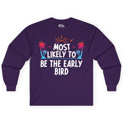 Early Bird Beach Shirt - Tropical Sunrise Palm Tree Vacation Tee (Long Sleeve) in Purple - Early Bird Tropical Sunrise Shirt - Palm Trees Birds Beach Tee