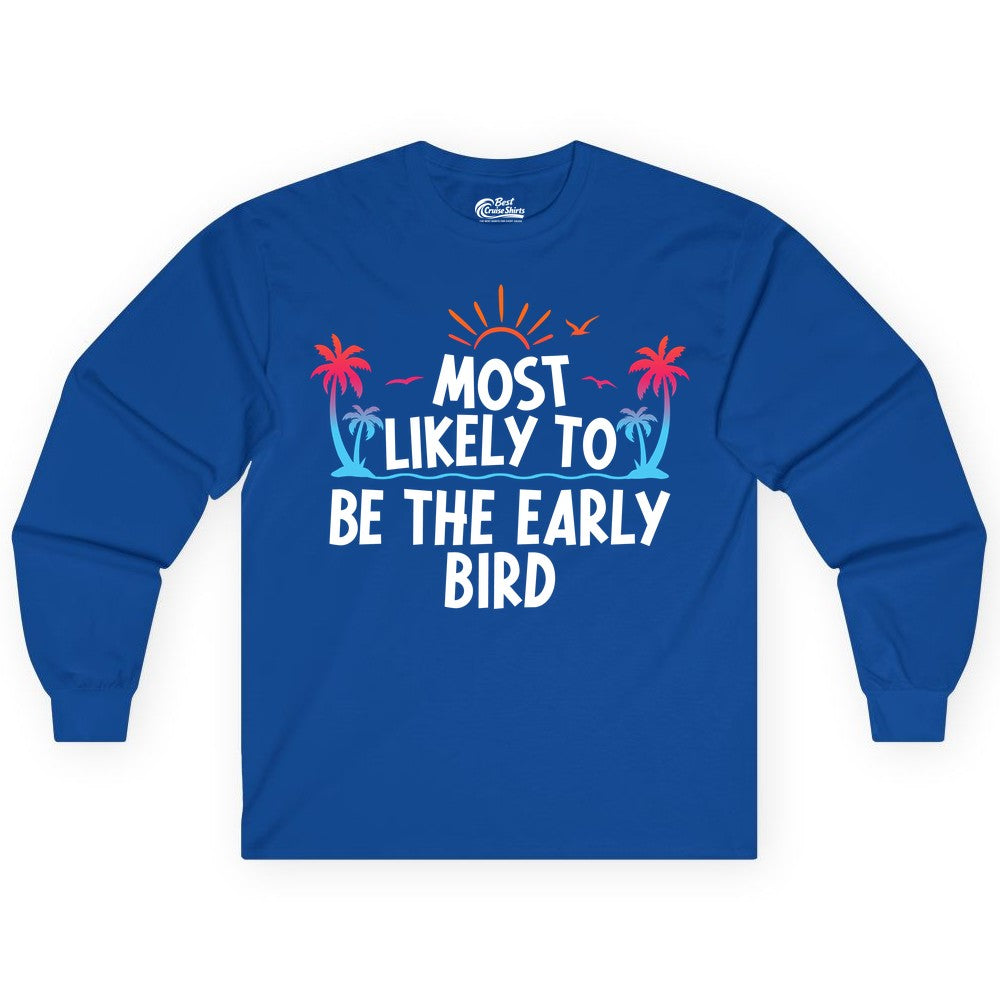 Early Bird Beach Shirt - Tropical Sunrise Palm Tree Vacation Tee (Long Sleeve) in Royal - Early Bird Tropical Sunrise Shirt - Palm Trees Birds Beach Tee