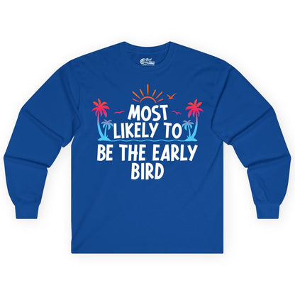Early Bird Beach Shirt - Tropical Sunrise Palm Tree Vacation Tee (Long Sleeve) in Royal - Early Bird Tropical Sunrise Shirt - Palm Trees Birds Beach Tee