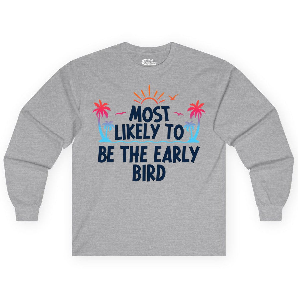 Early Bird Beach Shirt - Tropical Sunrise Palm Tree Vacation Tee (Long Sleeve) in Sport Grey - Early Bird Tropical Sunrise Shirt - Palm Trees Birds Beach Tee