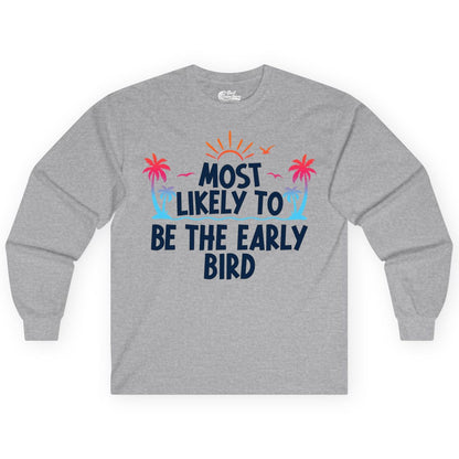 Early Bird Beach Shirt - Tropical Sunrise Palm Tree Vacation Tee (Long Sleeve) in Sport Grey - Early Bird Tropical Sunrise Shirt - Palm Trees Birds Beach Tee