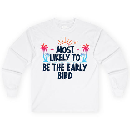 Early Bird Beach Shirt - Tropical Sunrise Palm Tree Vacation Tee (Long Sleeve) in White - Early Bird Tropical Sunrise Shirt - Palm Trees Birds Beach Tee