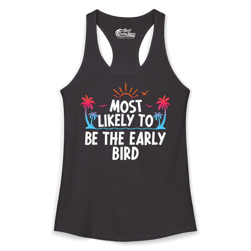 Early Bird Beach Shirt - Tropical Sunrise Palm Tree Vacation Tee (Ladies Tank) in Black - Early Bird Tropical Sunrise Shirt - Palm Trees Birds Beach Tee