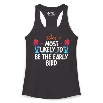 Early Bird Beach Shirt - Tropical Sunrise Palm Tree Vacation Tee (Ladies Tank) in Black - Early Bird Tropical Sunrise Shirt - Palm Trees Birds Beach Tee