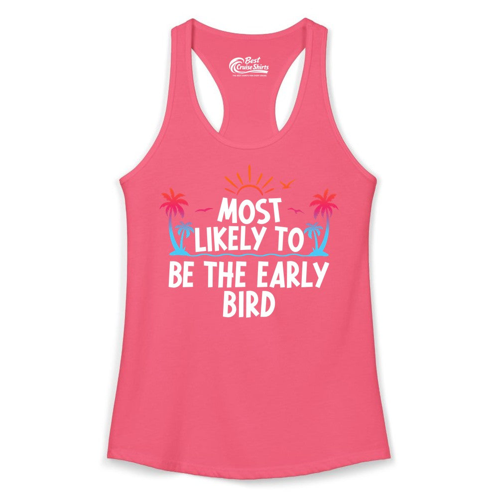Early Bird Beach Shirt - Tropical Sunrise Palm Tree Vacation Tee (Ladies Tank) in Hot Pink - Early Bird Tropical Sunrise Shirt - Palm Trees Birds Beach Tee