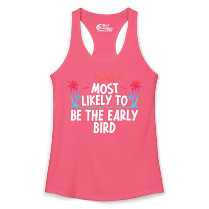 Early Bird Beach Shirt - Tropical Sunrise Palm Tree Vacation Tee (Ladies Tank) in Hot Pink - Early Bird Tropical Sunrise Shirt - Palm Trees Birds Beach Tee